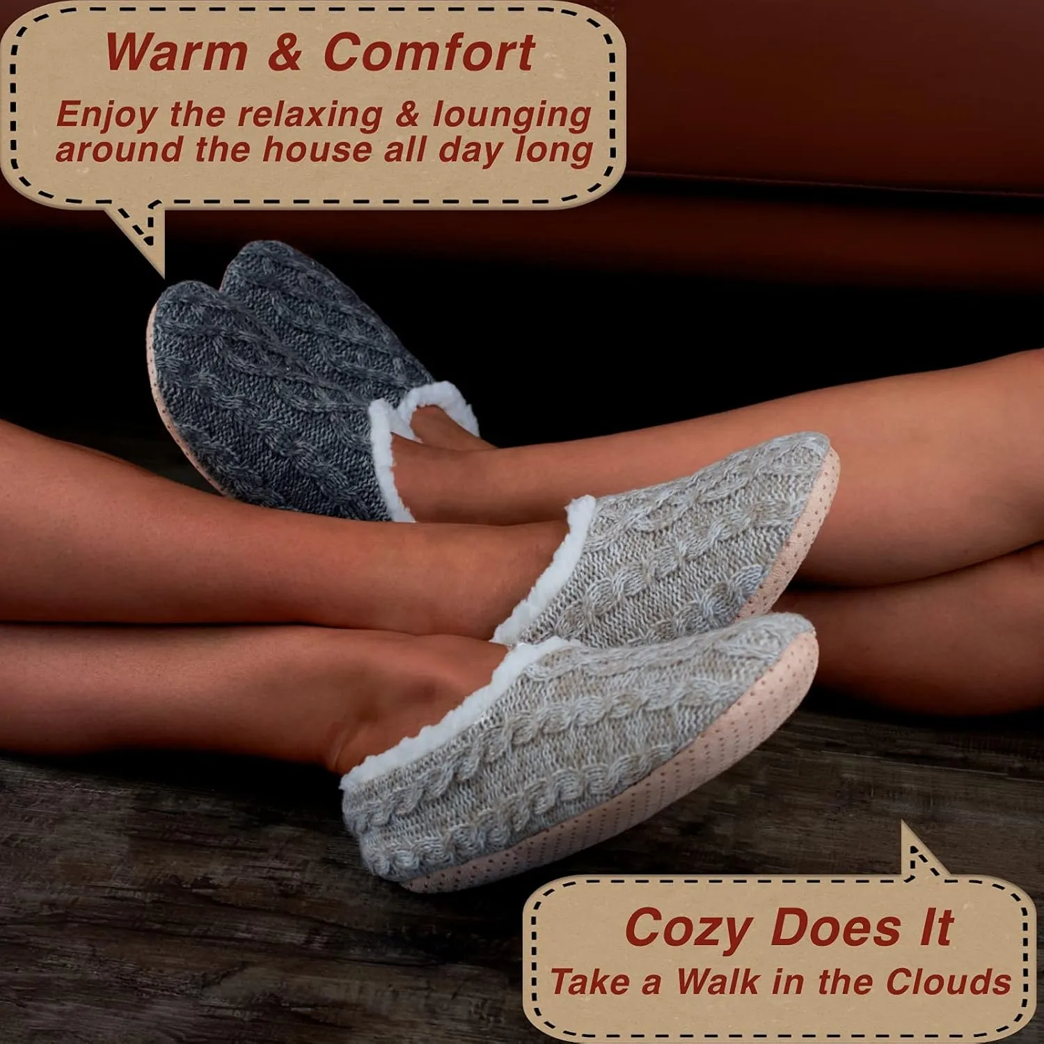 2-Pair Thick Warm Fuzzy Slippers for Women Indoor Fluffy Sherpa Lined, Winter House Shoe Socks Non-Slip Soft Soles, Cozy Christmas Gifts