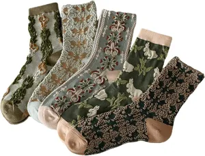 5 Pairs Womens Floral Cotton Socks,Floral Retro Style Novelty Cotton SocksWarm Dress Ankle Crew Socks for Winter