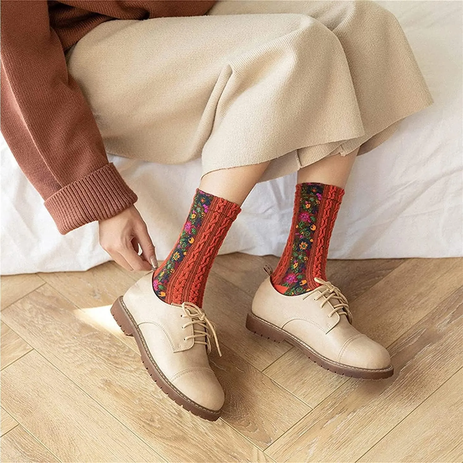 5 Pairs Womens Floral Cotton Socks,Floral Retro Style Novelty Cotton SocksWarm Dress Ankle Crew Socks for Winter