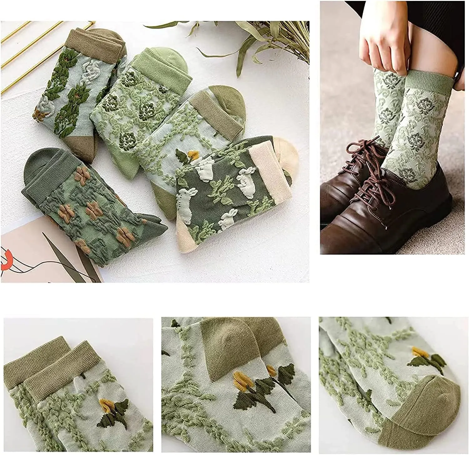 5 Pairs Womens Floral Cotton Socks,Floral Retro Style Novelty Cotton SocksWarm Dress Ankle Crew Socks for Winter