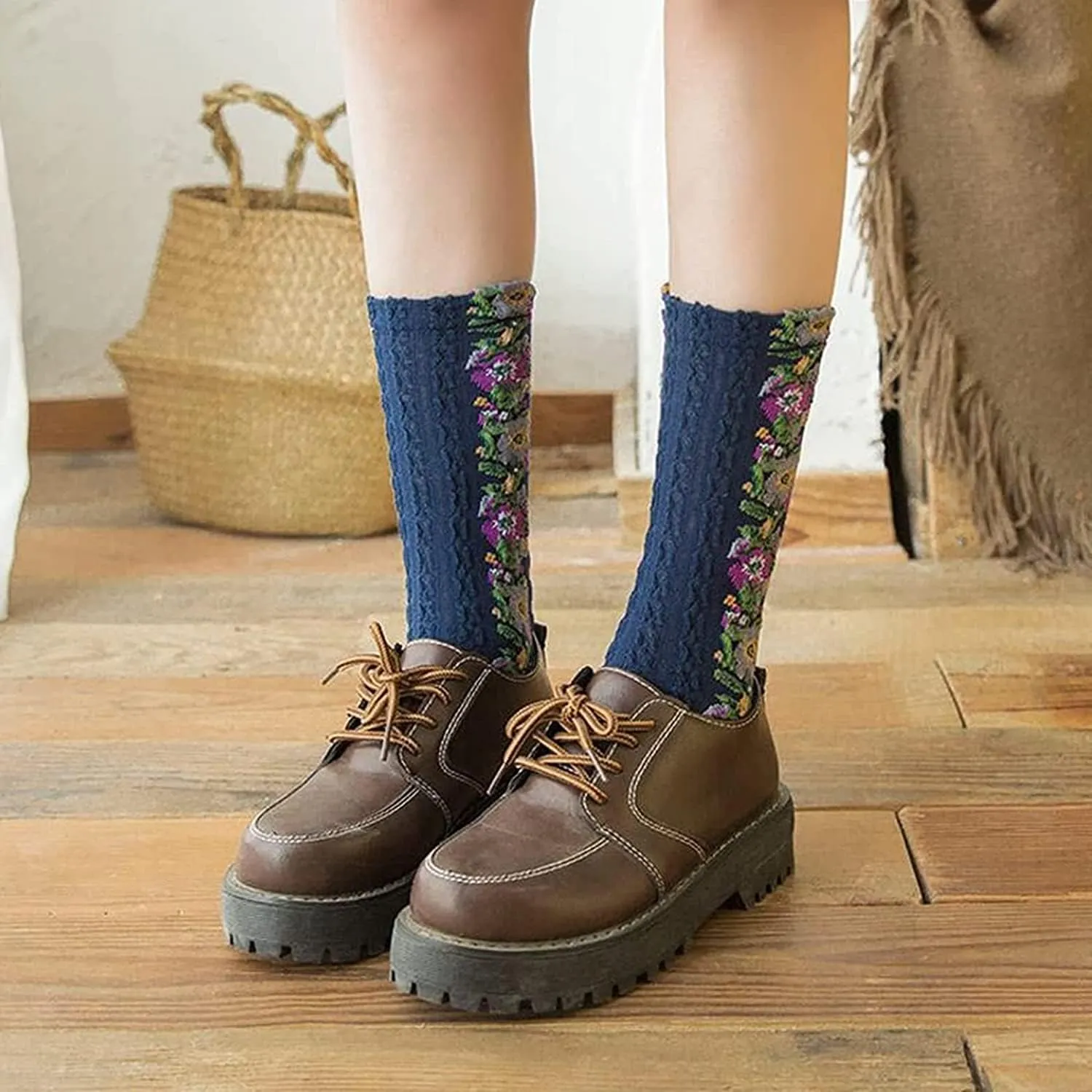 5 Pairs Womens Floral Cotton Socks,Floral Retro Style Novelty Cotton SocksWarm Dress Ankle Crew Socks for Winter