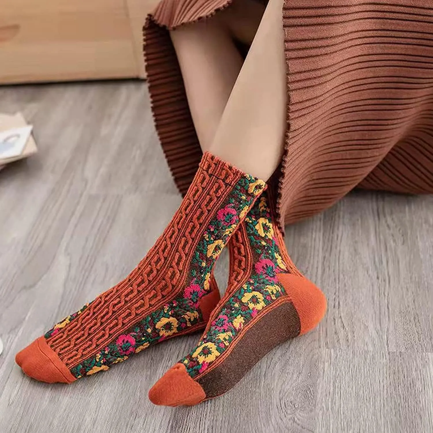 5 Pairs Womens Floral Cotton Socks,Floral Retro Style Novelty Cotton SocksWarm Dress Ankle Crew Socks for Winter