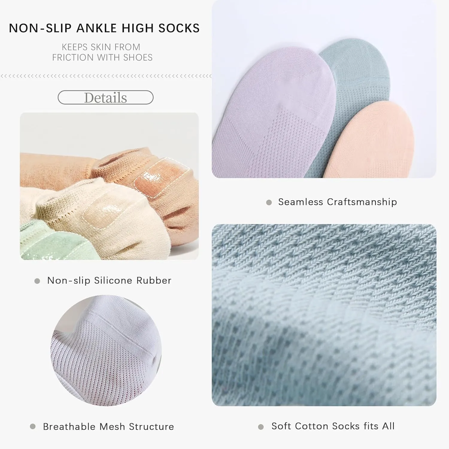 6 Pairs No Show Socks Womens Cotton Low Cut Non Slip Casual Socks Invisible Flat Boat Liner Socks (5-9 Size)