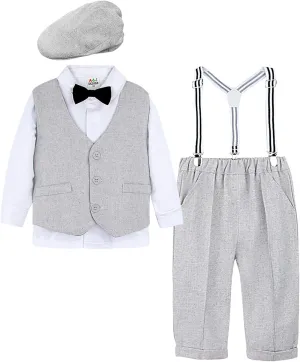 A&J DESIGN 5pcs Baby Boys Suit, 12 Months - 3T, Shirt & Pants & Vest & Hat & Bow Tie