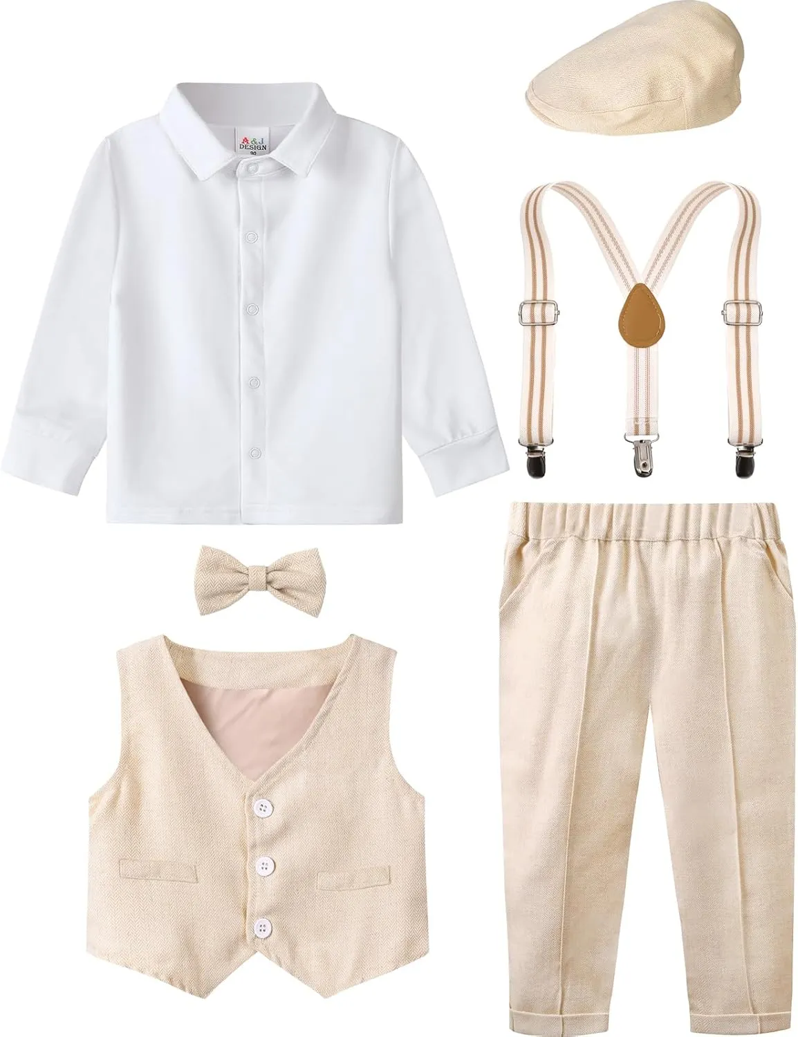 A&J DESIGN 5pcs Baby Boys Suit, 12 Months - 3T, Shirt & Pants & Vest & Hat & Bow Tie