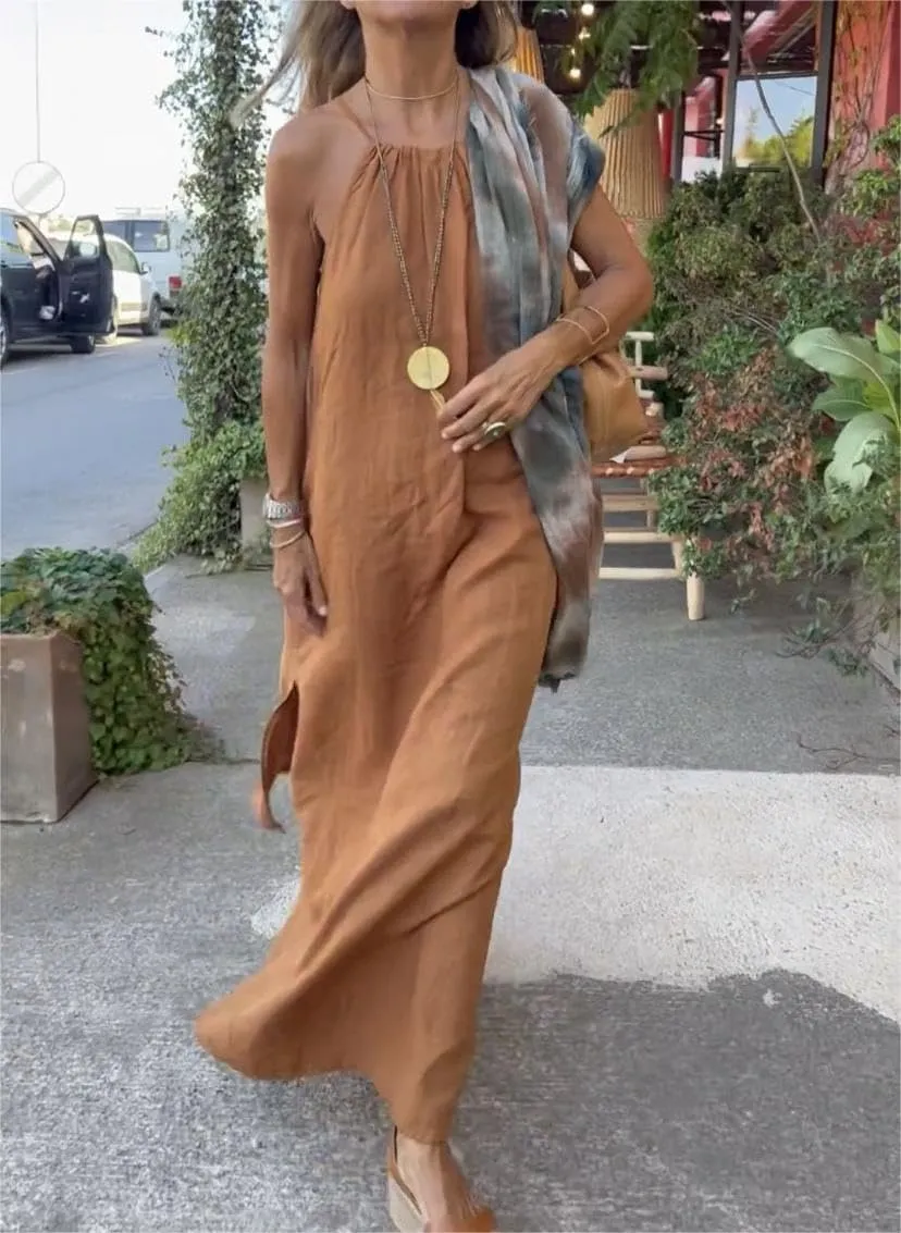 Akivide Womens Cotton Linen Loose Halter Neck Long Dress Casual Sleeveless Baggy Slit Beach Comfy Maxi Dress