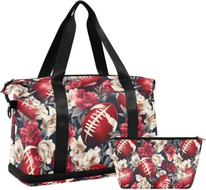 ALAZA American Football Balls Flowers Gym Bag Sports Duffel Bag with Shoes Compartment, Overnight Weekender Travel Tote Bag for Women Men Trip College