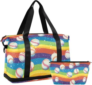 ALAZA Baseball on Rainbow Background Gym Bag Sports Duffel Bag with Shoes Compartment, Overnight Weekender Travel Tote Bag for Women Men Trip College