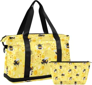 ALAZA Bee on Yellowe Background Gym Bag Sports Duffel Bag with Shoes Compartment, Overnight Weekender Travel Tote Bag for Women Men Trip College