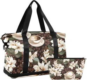 ALAZA Coffee Bean Cups Flowers Gym Bag Sports Duffel Bag with Shoes Compartment, Overnight Weekender Travel Tote Bag for Women Men Trip College