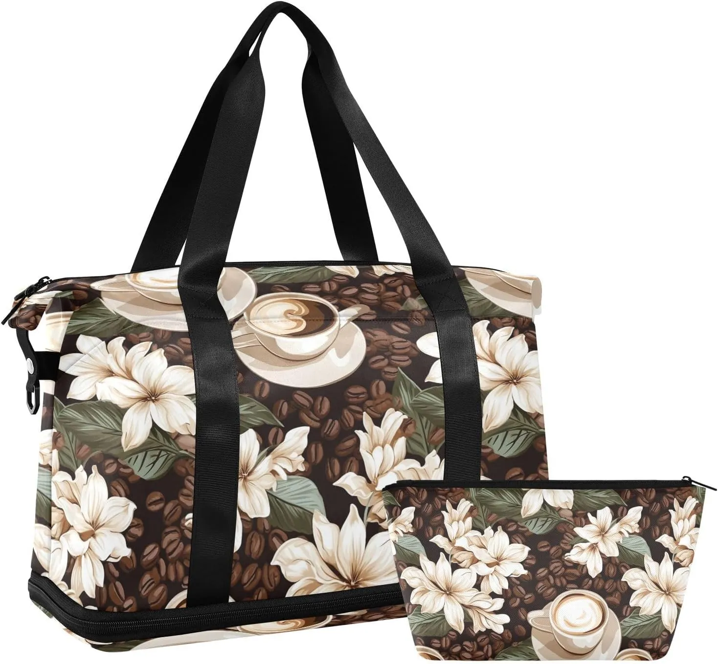 ALAZA Coffee Bean Cups Flowers Gym Bag Sports Duffel Bag with Shoes Compartment, Overnight Weekender Travel Tote Bag for Women Men Trip College