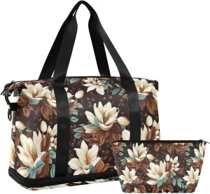 ALAZA Coffee Bean Flowers Dark Gym Bag Sports Duffel Bag with Shoes Compartment, Overnight Weekender Travel Tote Bag for Women Men Trip College