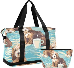 ALAZA Coffee Cup and Puppy Gym Bag Sports Duffel Bag with Shoes Compartment, Overnight Weekender Travel Tote Bag for Women Men Trip College