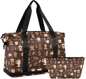 ALAZA Coffee Cups and Leaves Gym Bag Sports Duffel Bag with Shoes Compartment, Overnight Weekender Travel Tote Bag for Women Men Trip College