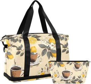 ALAZA Coffee Cups Lemon Flowers Gym Bag Sports Duffel Bag with Shoes Compartment, Overnight Weekender Travel Tote Bag for Women Men Trip College