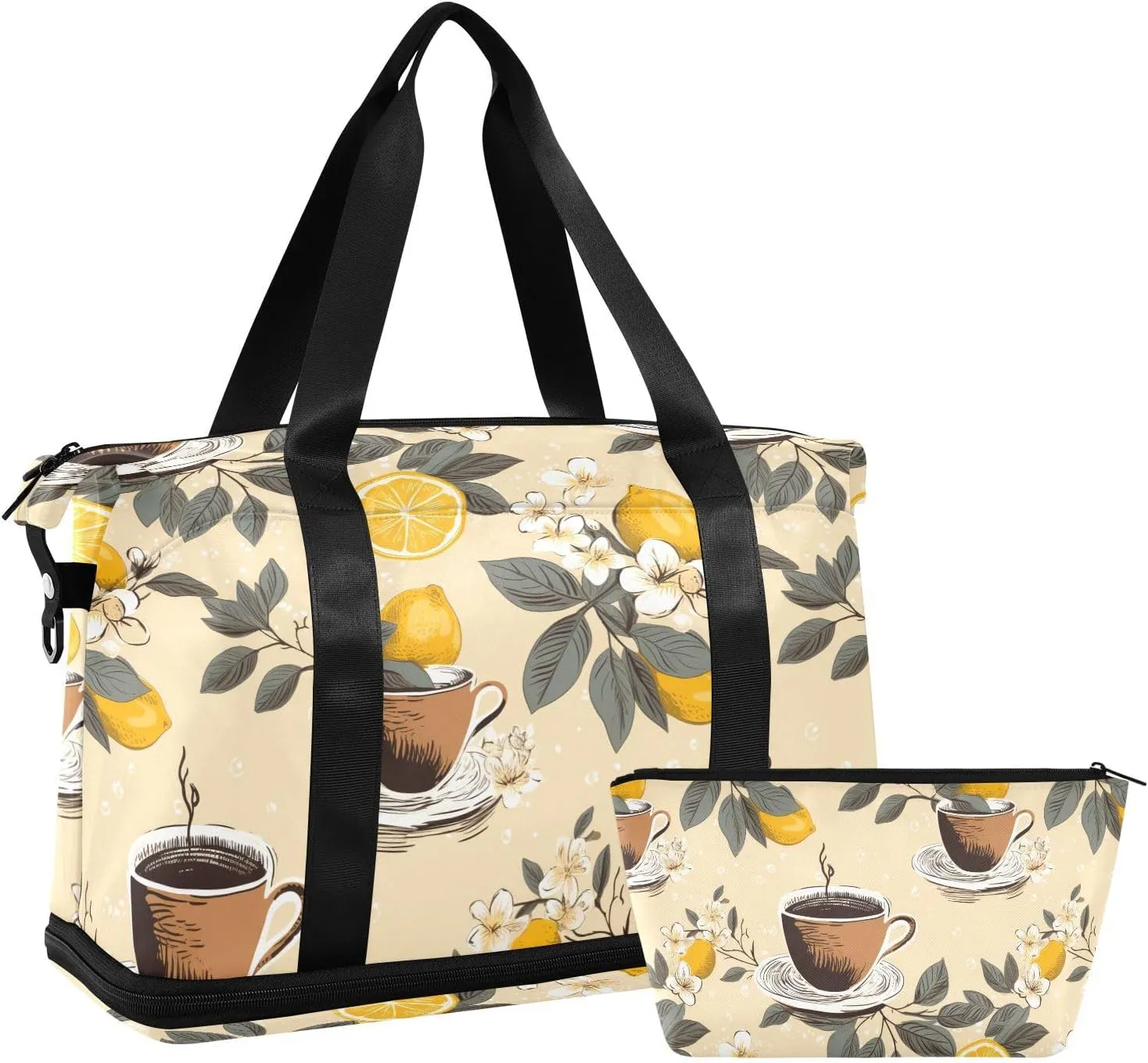 ALAZA Coffee Cups Lemon Flowers Gym Bag Sports Duffel Bag with Shoes Compartment, Overnight Weekender Travel Tote Bag for Women Men Trip College