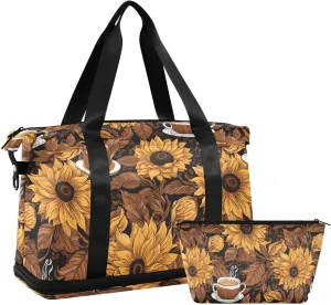 ALAZA Coffee Sunflowers Brown Gym Bag Sports Duffel Bag with Shoes Compartment, Overnight Weekender Travel Tote Bag for Women Men Trip College