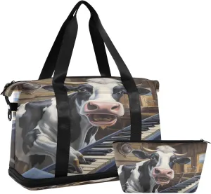 ALAZA Cow and Piano Keys Gym Bag Sports Duffel Bag with Shoes Compartment, Overnight Weekender Travel Tote Bag for Women Men Trip College
