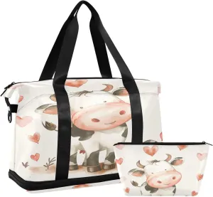 ALAZA Cute Cow and Hearts Gym Bag Sports Duffel Bag with Shoes Compartment, Overnight Weekender Travel Tote Bag for Women Men Trip College