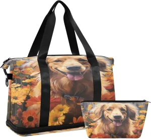 ALAZA Cute Dog Yellow Flower Gym Bag Sports Duffel Bag with Shoes Compartment, Overnight Weekender Travel Tote Bag for Women Men Trip College