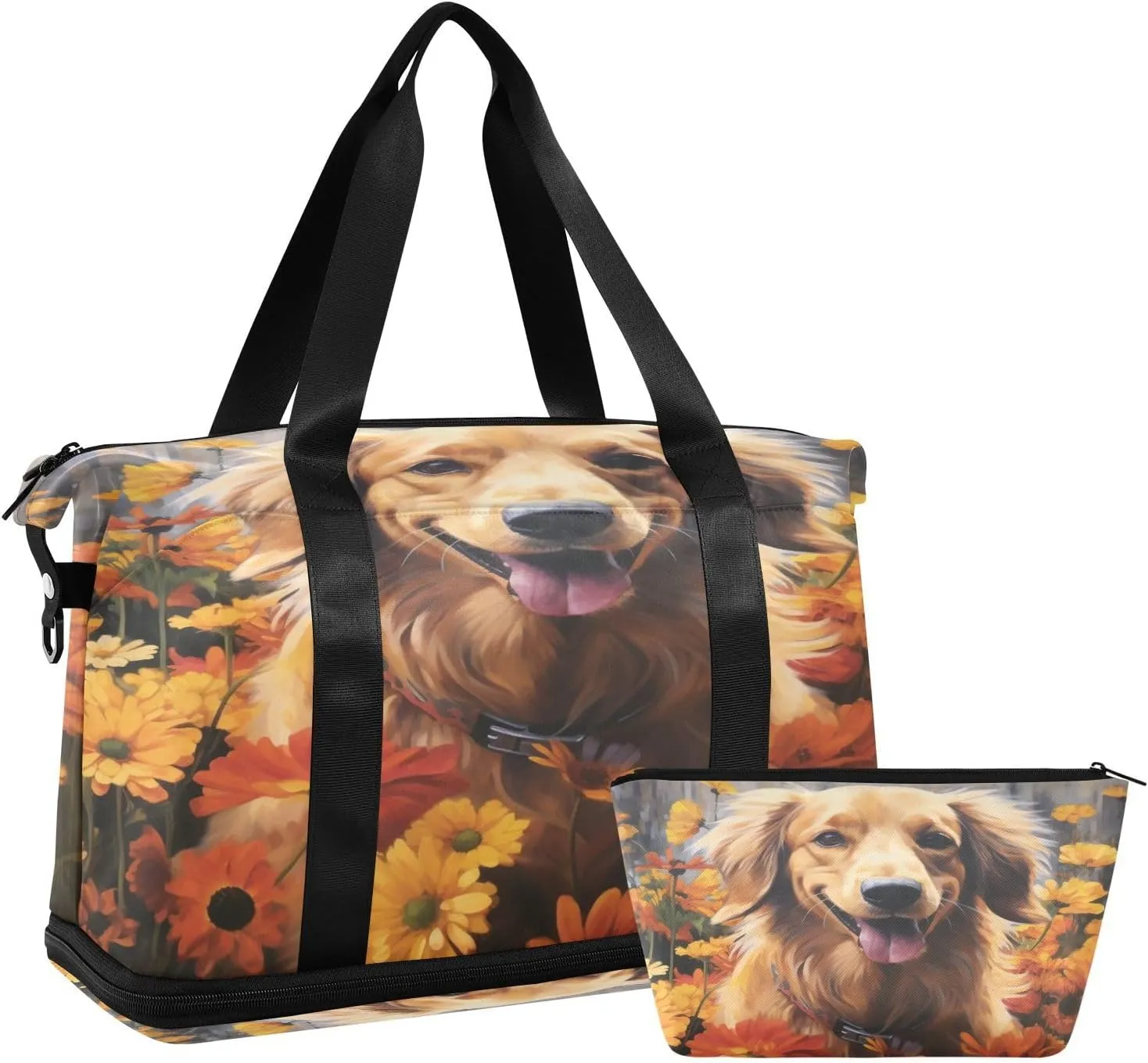 ALAZA Cute Dog Yellow Flower Gym Bag Sports Duffel Bag with Shoes Compartment, Overnight Weekender Travel Tote Bag for Women Men Trip College