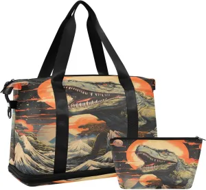 ALAZA Dinosaur and Ocean Waves Gym Bag Sports Duffel Bag with Shoes Compartment, Overnight Weekender Travel Tote Bag for Women Men Trip College