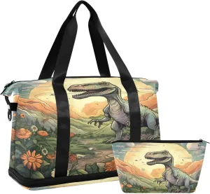ALAZA Dinosaur Mountain Flowers Gym Bag Sports Duffel Bag with Shoes Compartment, Overnight Weekender Travel Tote Bag for Women Men Trip College