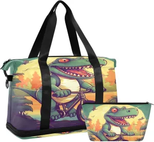 ALAZA Dinosaur Ride Bicycle Pattern Gym Bag Sports Duffel Bag with Shoes Compartment, Overnight Weekender Travel Tote Bag for Women Men Trip College