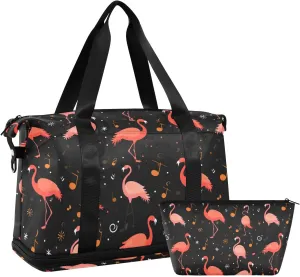 ALAZA Flamingo and Music Notes Gym Bag Sports Duffel Bag with Shoes Compartment, Overnight Weekender Travel Tote Bag for Women Men Trip College