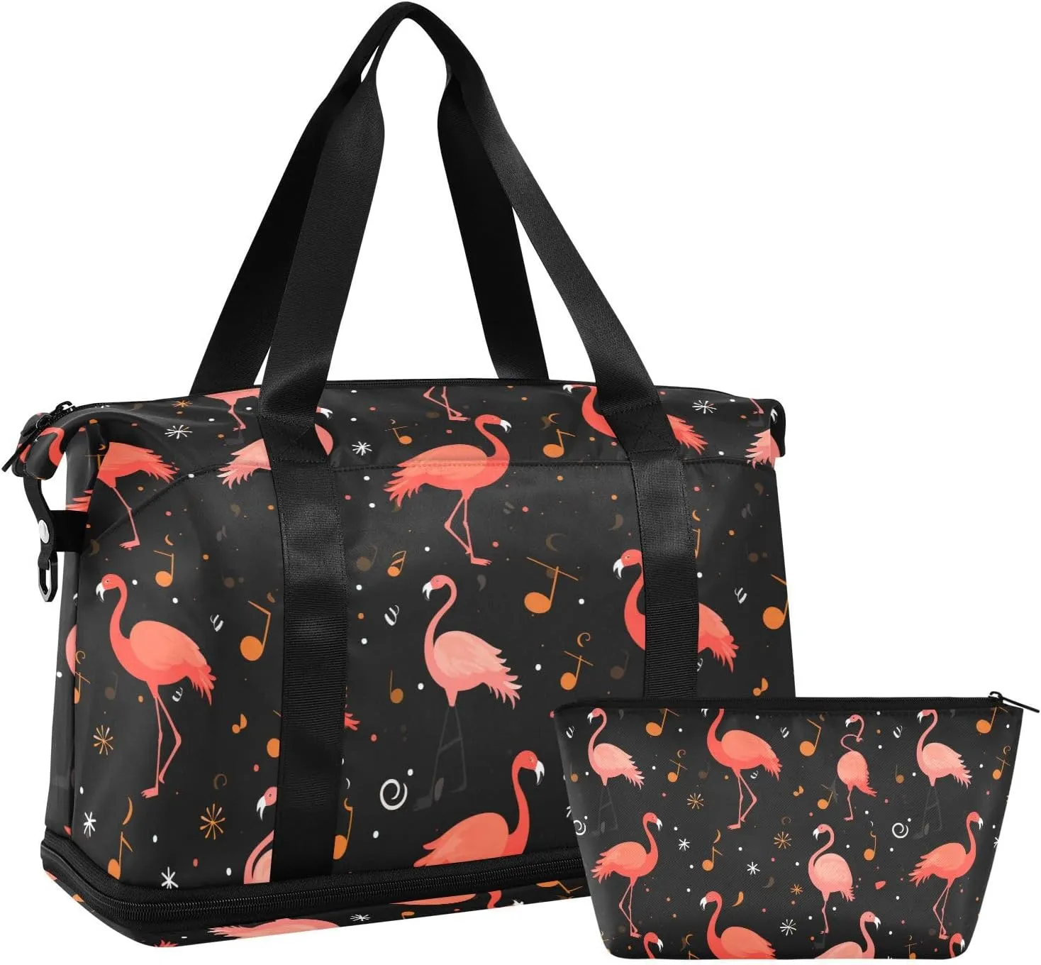 ALAZA Flamingo and Music Notes Gym Bag Sports Duffel Bag with Shoes Compartment, Overnight Weekender Travel Tote Bag for Women Men Trip College