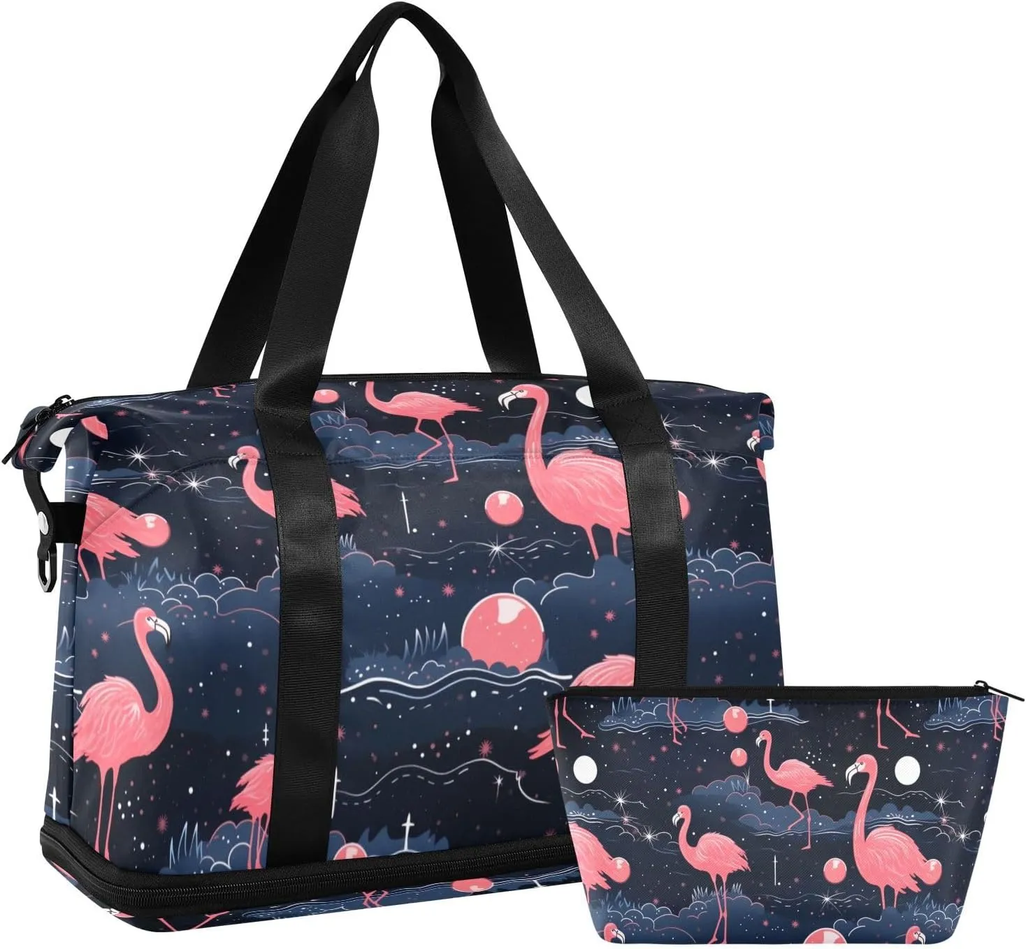 ALAZA Flamingos Stars Moon Gym Bag Sports Duffel Bag with Shoes Compartment, Overnight Weekender Travel Tote Bag for Women Men Trip College