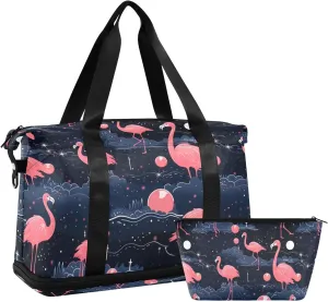 ALAZA Flamingos Stars Moon Gym Bag Sports Duffel Bag with Shoes Compartment, Overnight Weekender Travel Tote Bag for Women Men Trip College