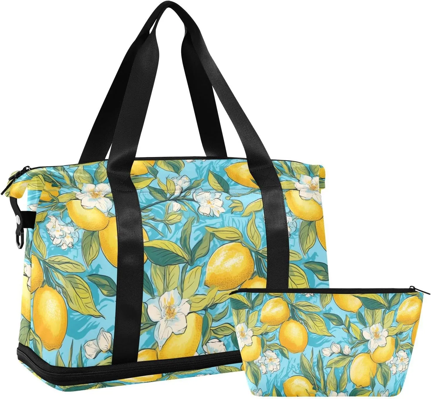 ALAZA Lemon on Blue Background Gym Bag Sports Duffel Bag with Shoes Compartment, Overnight Weekender Travel Tote Bag for Women Men Trip College