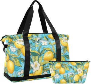 ALAZA Lemon on Blue Background Gym Bag Sports Duffel Bag with Shoes Compartment, Overnight Weekender Travel Tote Bag for Women Men Trip College