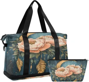 ALAZA Moon Stars Peony Flowers Gym Bag Sports Duffel Bag with Shoes Compartment, Overnight Weekender Travel Tote Bag for Women Men Trip College