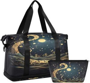 ALAZA Music Notes and Moon Gym Bag Sports Duffel Bag with Shoes Compartment, Overnight Weekender Travel Tote Bag for Women Men Trip College