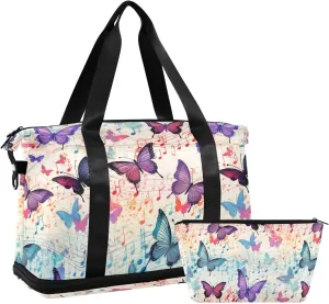 ALAZA Musical Notes Butterfly Vintage Gym Bag Sports Duffel Bag with Shoes Compartment, Overnight Weekender Travel Tote Bag for Women Men Trip College