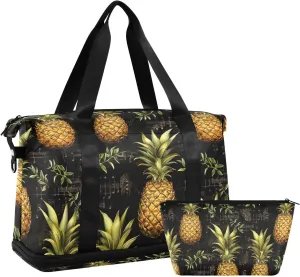 ALAZA Musical Notes Pineapples Vintage Gym Bag Sports Duffel Bag with Shoes Compartment, Overnight Weekender Travel Tote Bag for Women Men Trip College