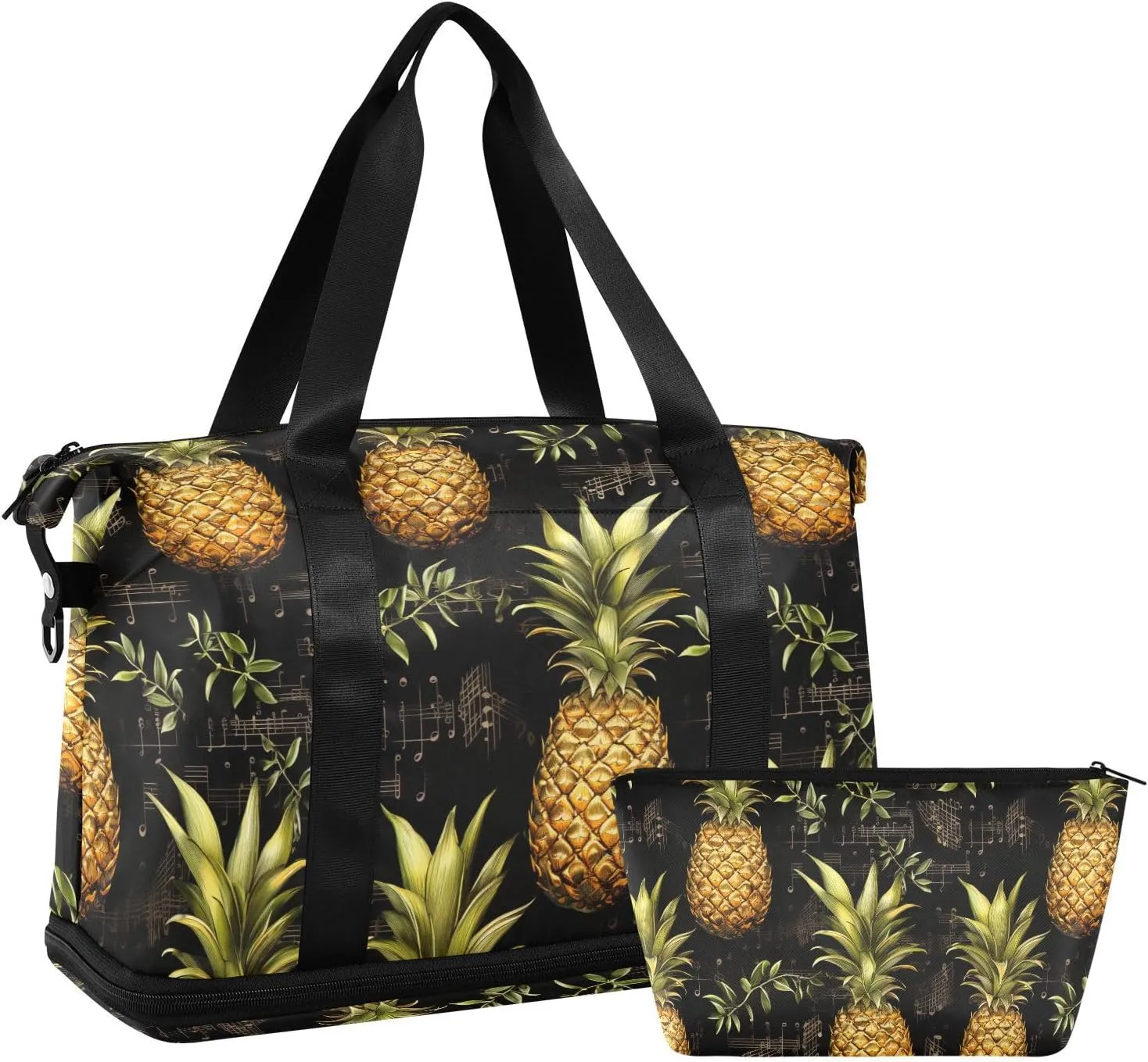 ALAZA Musical Notes Pineapples Vintage Gym Bag Sports Duffel Bag with Shoes Compartment, Overnight Weekender Travel Tote Bag for Women Men Trip College