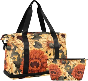 ALAZA Orange Yellow Floral Gym Bag Sports Duffel Bag with Shoes Compartment, Overnight Weekender Travel Tote Bag for Women Men Trip College