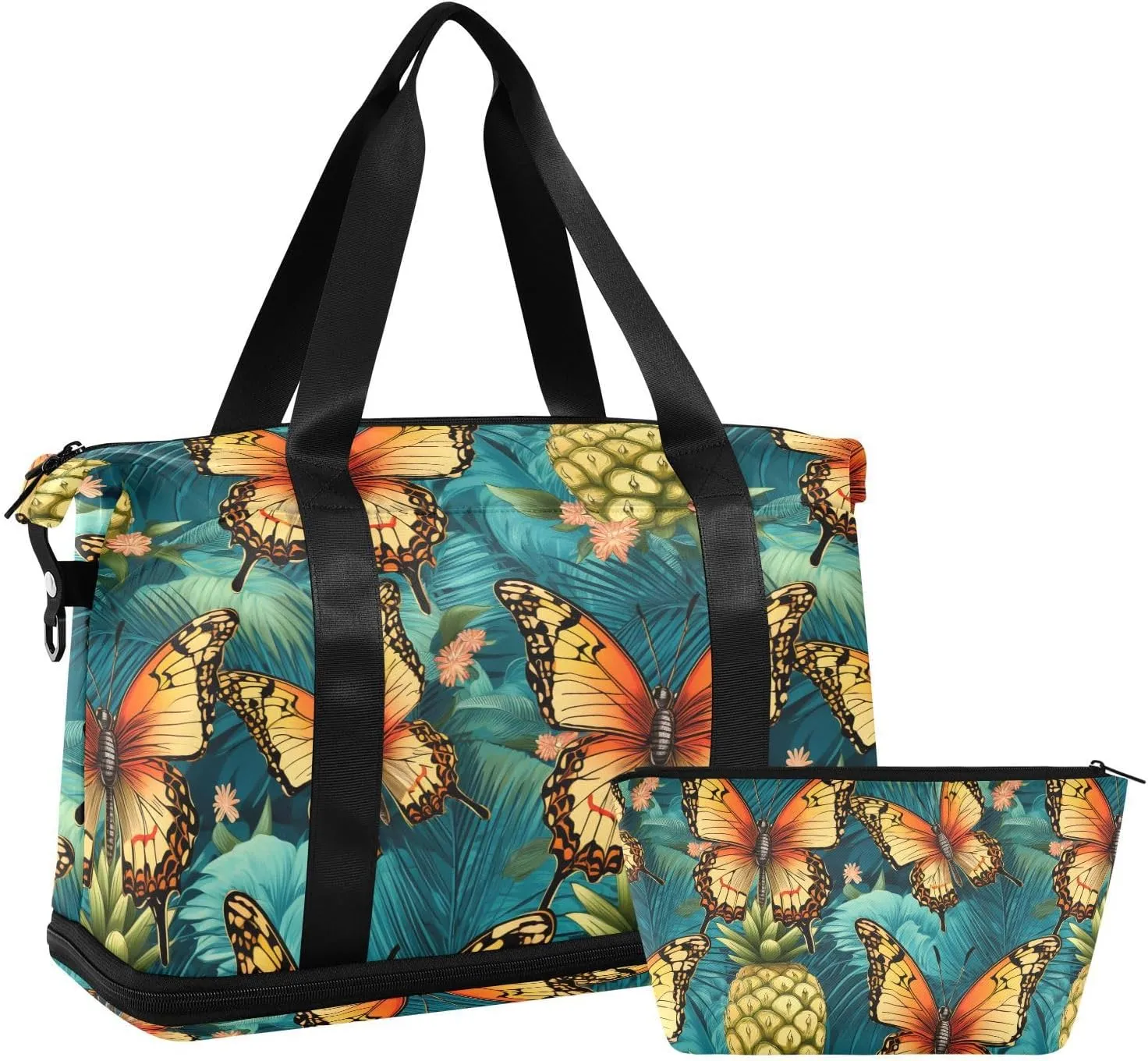 ALAZA Pineapples Boho Butterflies Gym Bag Sports Duffel Bag with Shoes Compartment, Overnight Weekender Travel Tote Bag for Women Men Trip College