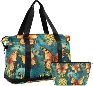 ALAZA Pineapples Boho Butterflies Gym Bag Sports Duffel Bag with Shoes Compartment, Overnight Weekender Travel Tote Bag for Women Men Trip College