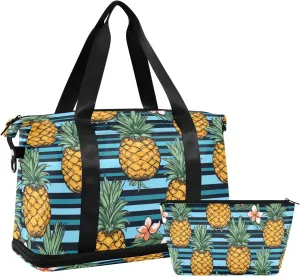 ALAZA Pineapples Flower Stripe Gym Bag Sports Duffel Bag with Shoes Compartment, Overnight Weekender Travel Tote Bag for Women Men Trip College
