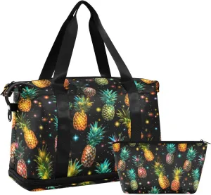 ALAZA Pineapples on Dark Background Gym Bag Sports Duffel Bag with Shoes Compartment, Overnight Weekender Travel Tote Bag for Women Men Trip College
