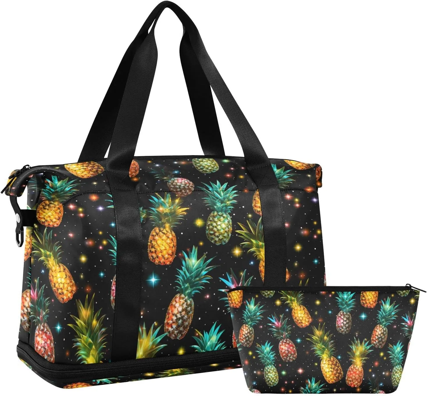 ALAZA Pineapples on Dark Background Gym Bag Sports Duffel Bag with Shoes Compartment, Overnight Weekender Travel Tote Bag for Women Men Trip College