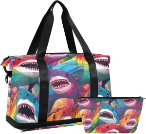 ALAZA Rainbow Color Sharks Gym Bag Sports Duffel Bag with Shoes Compartment, Overnight Weekender Travel Tote Bag for Women Men Trip College