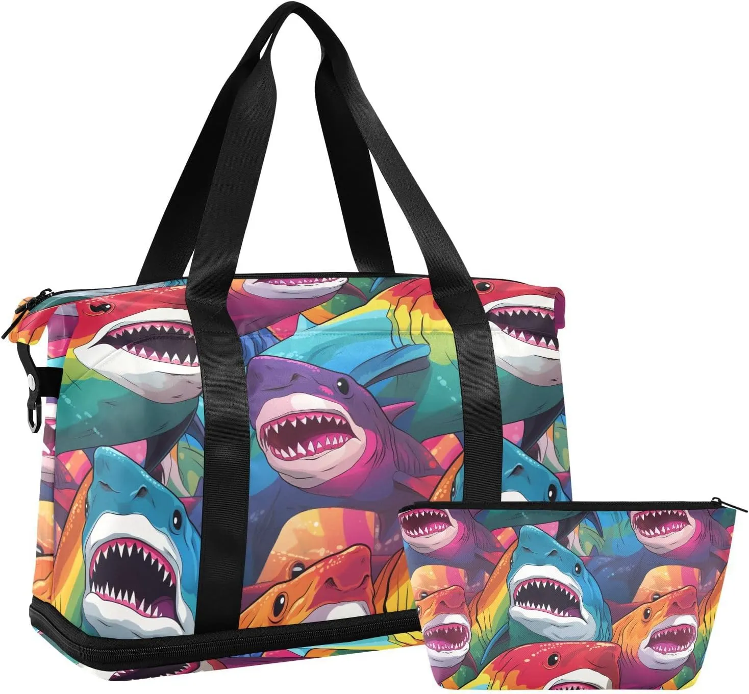 ALAZA Rainbow Color Sharks Gym Bag Sports Duffel Bag with Shoes Compartment, Overnight Weekender Travel Tote Bag for Women Men Trip College