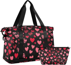 ALAZA Red Hearts Leopard Spots Gym Bag Sports Duffel Bag with Shoes Compartment, Overnight Weekender Travel Tote Bag for Women Men Trip College