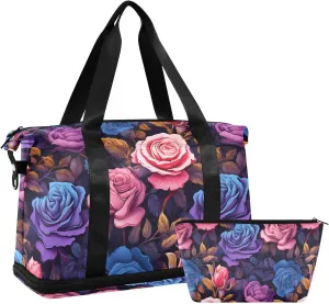 ALAZA Red Pink Blue Roses Gym Bag Sports Duffel Bag with Shoes Compartment, Overnight Weekender Travel Tote Bag for Women Men Trip College