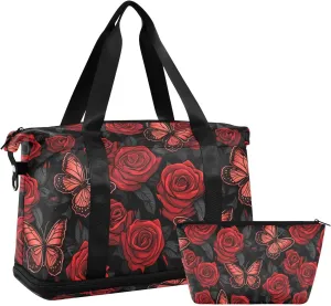 ALAZA Red Rose and Butterfly Gym Bag Sports Duffel Bag with Shoes Compartment, Overnight Weekender Travel Tote Bag for Women Men Trip College